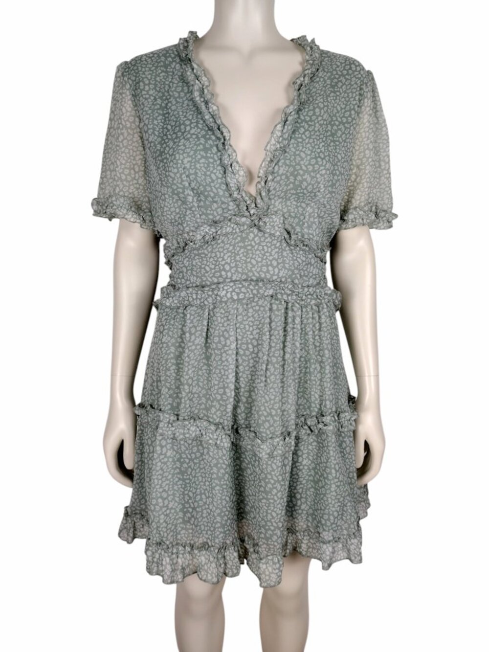 Sage Green Cheetah Print Keyhole Back V Neck Ruffled Mini Dress Size M